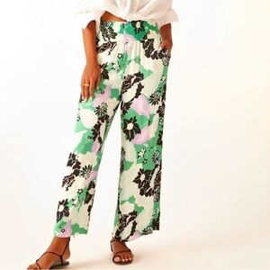 Anthropologie Maeve The Saria Smocked Wide-Leg Pants floral green Boho Small S